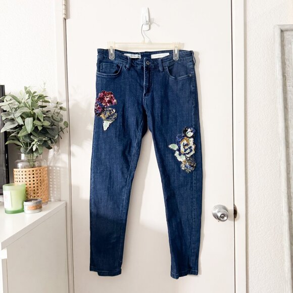 ☀️ PILCRO & THE LETTERPRESS Sequin Patch Embellished Boyfriend Jeans Dark Wash - Picture 8 of 9